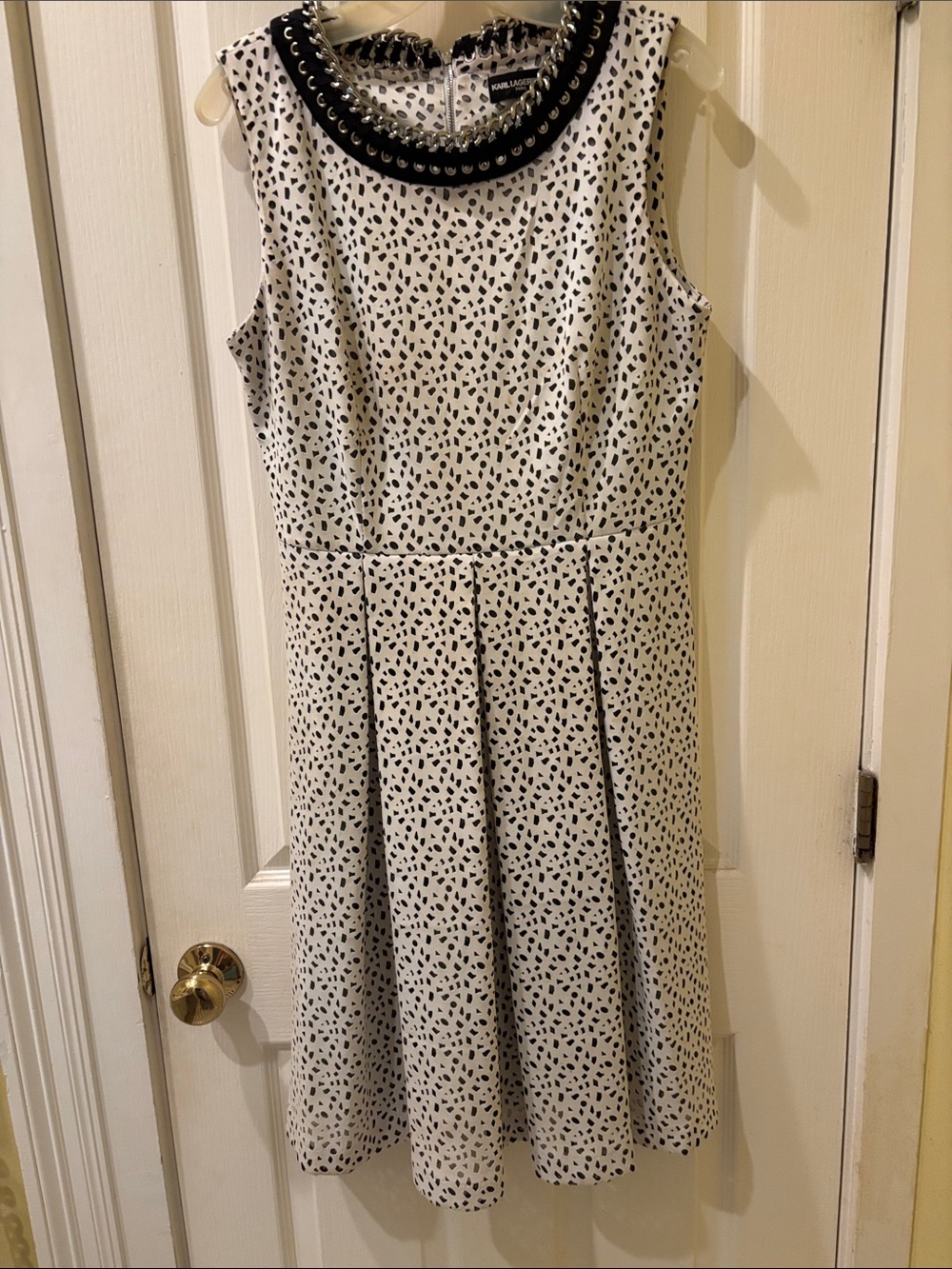 Karl Lagerfeld White Dress with Black Speckle Print and Embellished Collar